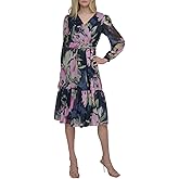 DKNY Womens Long Sleeve V-Neck Tie Waist Midi Dress