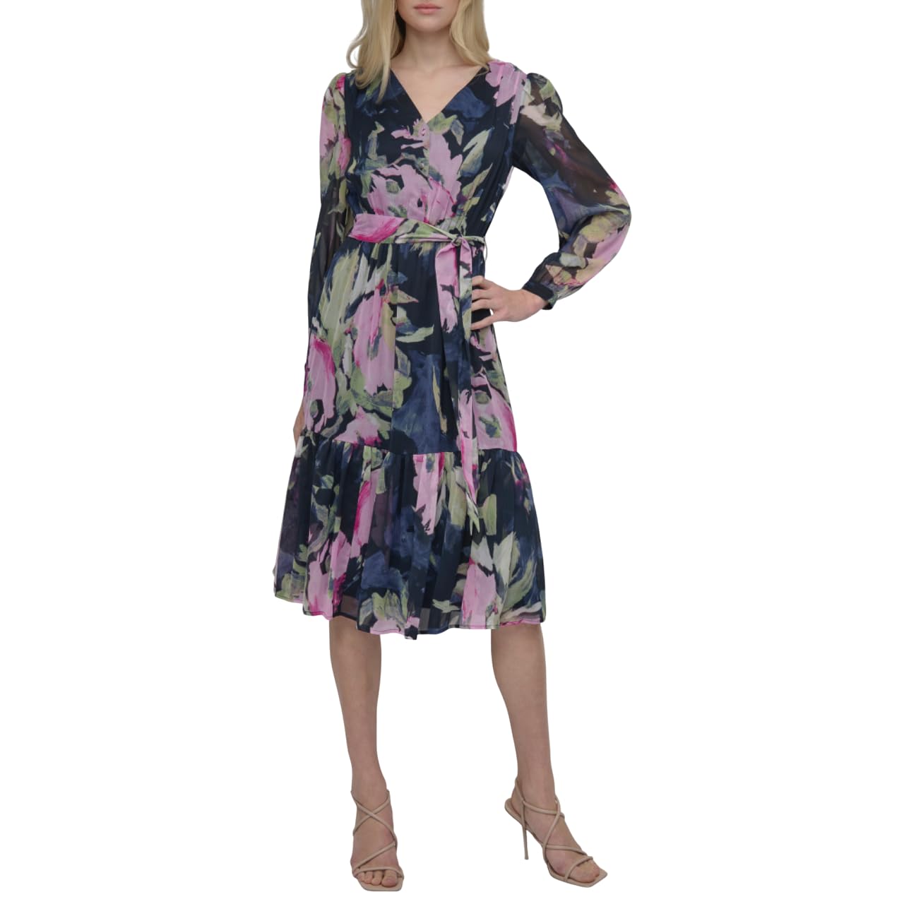 DKNY Women’s Long Sleeve V-Neck Tie Waist Midi Dress, Navy/Pink