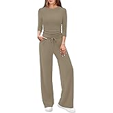 WIHOLL 2 Piece Lounge Sets for Women Summer Vacation Outfits 3/4 Sleeve Tops with Side Ruched Wide Leg Pants Matching Sets