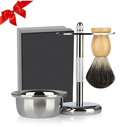 Men s Shaving Set, 3-in-1 Shaving Kit with Badger Hair Shaving Brush, Safety Razor Stand, Shaving Soap Bowl, Great Fathers Day or Christmas Gift with Gift Box for Manual Shaving