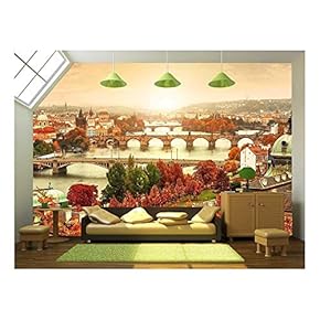 Sunset Landscape View to Charles Bridge on Vltava River in Prague Czech Republic - Removable Wall Mural | Self-Adhesive Large Wallpaper - 66x96 inches