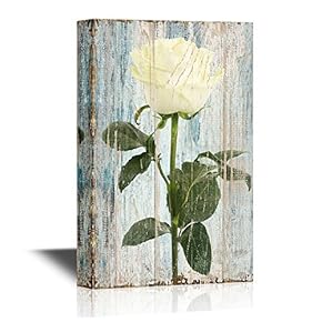 Roses Canvas Wall Art - Beautiful White Rose on a Rustic Wood Style Background - Gallery Wrap Modern Home Art | Ready to Hang - 12x18 inches