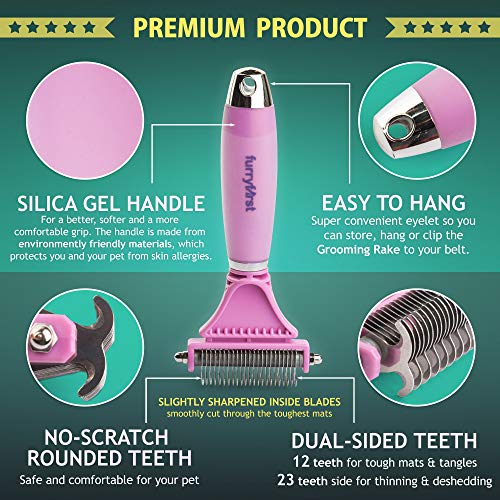Furryfirst Dog Cat Grooming Tool Kit Thick Undercoat Dematting Brush & Shedding Combs Set for