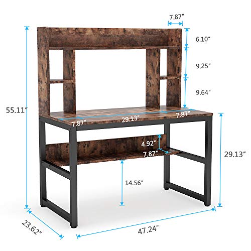 Tribesigns Computer Desk with Hutch, Modern Writing Desk with Storage Shelves, Office Desk Study Table Gaming Desk Workstation for Home Office, Light Brown + Black Legs