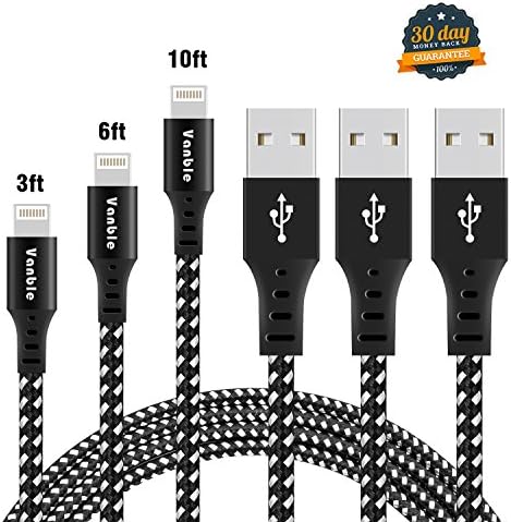 Vanble iPhone Cable, 3 Pcs 3FT+6FT+10FT Nylon Braided Lightning Cable Fast Sync Charging Cord Cable for iPhone 7, 7Plus, 6s, 6, 6Plus, 6sPlus, iPhone 5s 5 5c, iPad, iPod and More (Carbon Black)