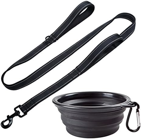 Dual Handle Dog Leash 5ft + a Collapsible Travel Bowl,Mosany 2 Padded Handle Dog Lesh Dual Layer Reflective Heavy Duty Double Handle Dog Leash For Medium Large Dog (Black)