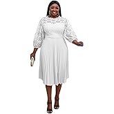 AOMEI Women's Elegant Lace Patchwork A-line Midi Pleated Hollow Out Lantern Sleeve Dress