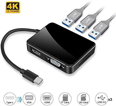 USB-C Hub, Type C Hub 3.1 to HDMI 4K VGA Adapter, 3 USB 3.0 Port, SD TF Card Reader Converter, Portable for 2016 2017 MacBook Pro/Samsung Galaxy S8/S8 Plus/Dell XPS and More,Type-C Devices
