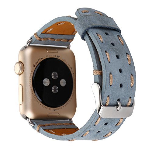 Pure Manual Suture Genuine Cow Leather Superior Quality Watch Strap Replacement With Stainless Steel Adapter Clasp for Apple Watch iWatch S1 S2 Sports & Edition Version Size 42MM (Jeans Blue)