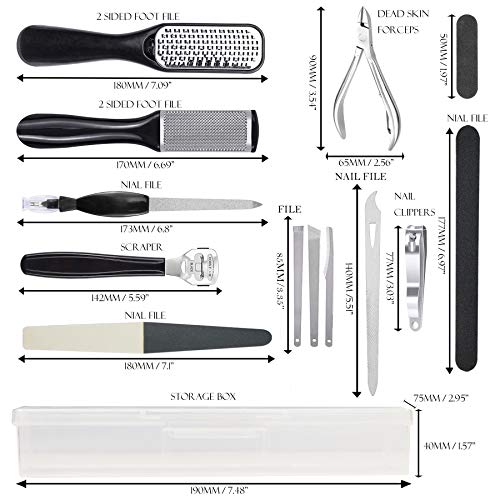Happy Will Professional Pedicure Foot File Foot Rasp Set Stainless Steel Foot File Pedicure Kit Deadskin Callus Remover Kit for Men Women Home Travel Salon Foot Care Kit (Black 17 Pcs)