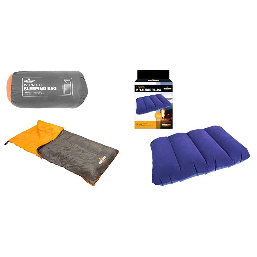 Milestone Camping Insulation 26700 Single Envelope Sleeping Bag | 2 Season | Full Length Dual Zip | Grey & Orange | Packs Down Tight | 170cm x 75cm & Flocked Inflatable Pillow ~ Blue ~ 88070