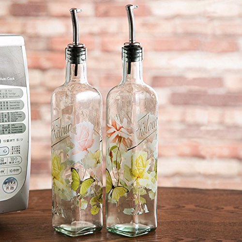 CEDAR HOME Olive Oil Bottle Set Glass Dispenser Vinegar Cruet 17oz. with Stainless Steel Leak Proof Pourer Spout for Cooking or Salad Dressing, 2 Pack, Pink