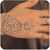 YERTTER Gold Rhinestone Bracelet Oval Link Bracelet with Ring Hareness Hand ChainWedding Brides Hand Accessories Slave Link with Ring Bracelet Party for Women (Style 4)