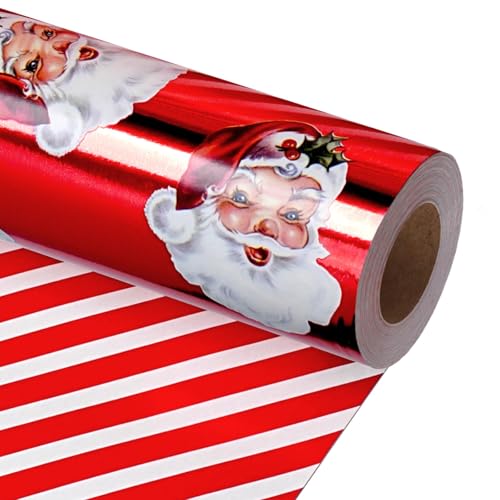 LaRibbons Vintage Santa Christmas Wrapping Paper Roll – Double-Sided Foil Gift Wrap with Candy Cane Stripes, Holiday Wrapping Paper for Xmas Presents & Decorations, 17 Inch × 33 Feet