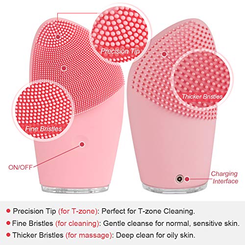 VIVK Sonic Facial Cleansing Brush - Rechargeable Electric Waterproof Silicone Exfoliating Face Scrub Brush(Pink)