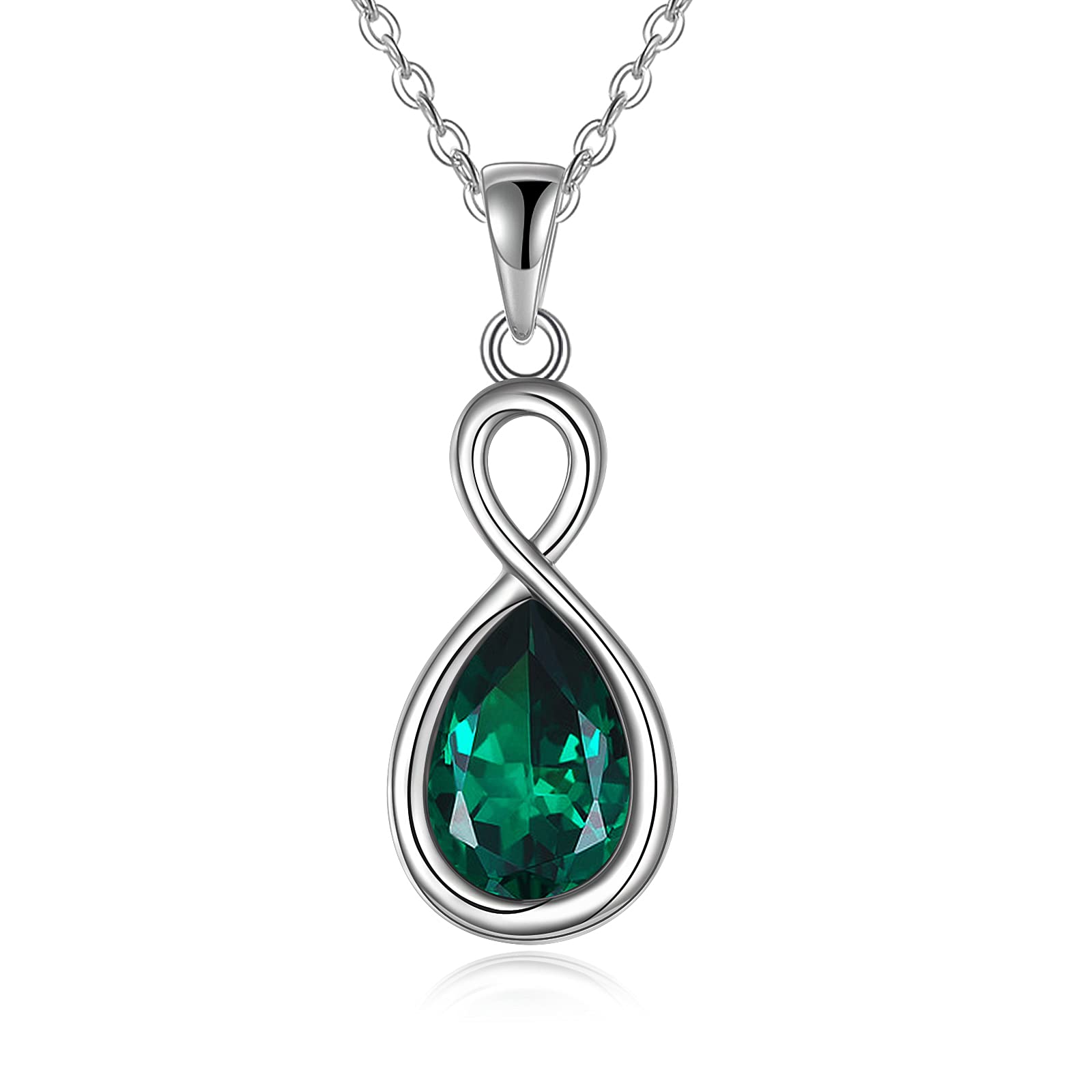 AOBOCO 925 Sterling Silver Infinity Necklace for Women with Green Crystal Jewellery Birthday Gifts for Wife Mum Nana (Emerald)