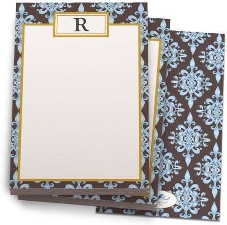 Blue and Chocolate 'Floral' Note Pad with 'R' Monogram. 24 Luxe Cover Stock Sheets per set. 2-pack.