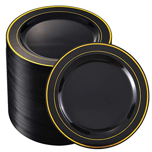 BUCLA 100Pieces Black Plastic Plates with Gold Rim-7.5inch Disposable Salad/Dessert Plates-Ideal for Weddings& Parties