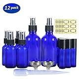 12 Pack Cobalt Blue Glass Essential Oil Bottle Kits - 2 Pack 4oz & 4 Pack 1oz Spray Bottles & 6 Pack 10ml Roller Bottles for Essential Oils or Cleaning Products. Labels, Droppers and Funnels Included