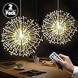 LAMHO 2 Pack Fairy String Lights, 198 LED Dandelion Firework Lights, Battery Operated Hanging Starburst Light, 8 Modes Dimmable with Remote Control Waterproof Copper Wire Lights for Home (Warm White)