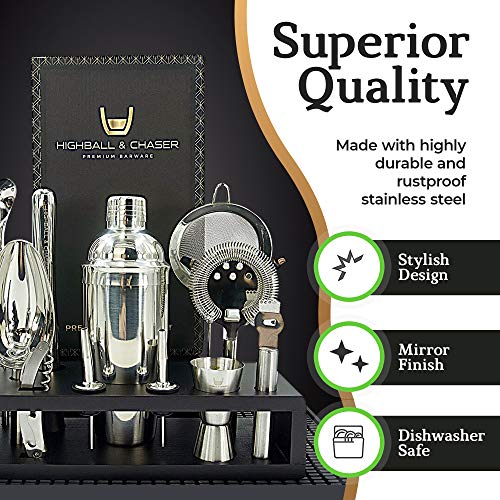 Highball & Chaser Barkeeper-Kit mit Espresso-Bambusständer. Wunderschönes Cobbler Cocktail-Shaker-Bar-Set mit Bar… – Bild 4