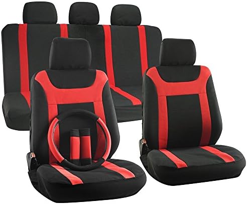 OxGord Seat Cover Set 17-Piece Y Stripe - Mesh Polyester Fabric for Car, Truck, SUV, Van - Red
