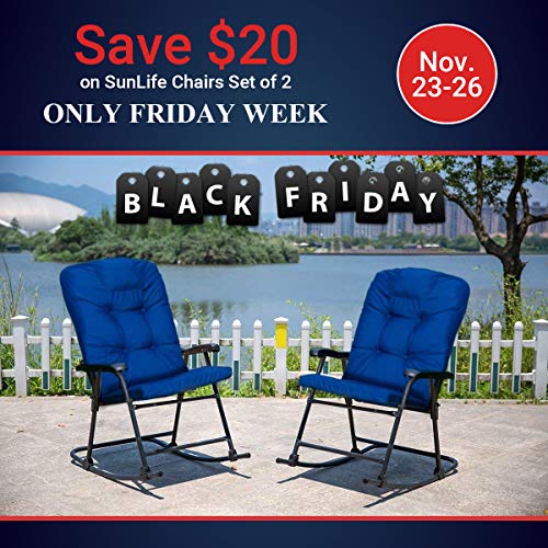 SunLife Outdoor Foldable Modern Rocking Chair Set, Patio/Backyard / Camping Lounge Rockers with Blue Padded Cushions, Set of 2
