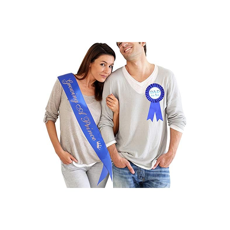 “Growing A Prince” Sash & Dad to Be Pin Kit – Little Prince Baby Shower It’s A Boy Royal Prince Gift (Royal Blue)