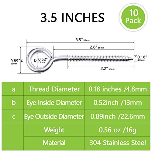 Stainless Steel Eye Screws, Heavy Duty Screw Eyes, Eye Hooks Screw in Heavy Duty, 3.5 Inches Eye