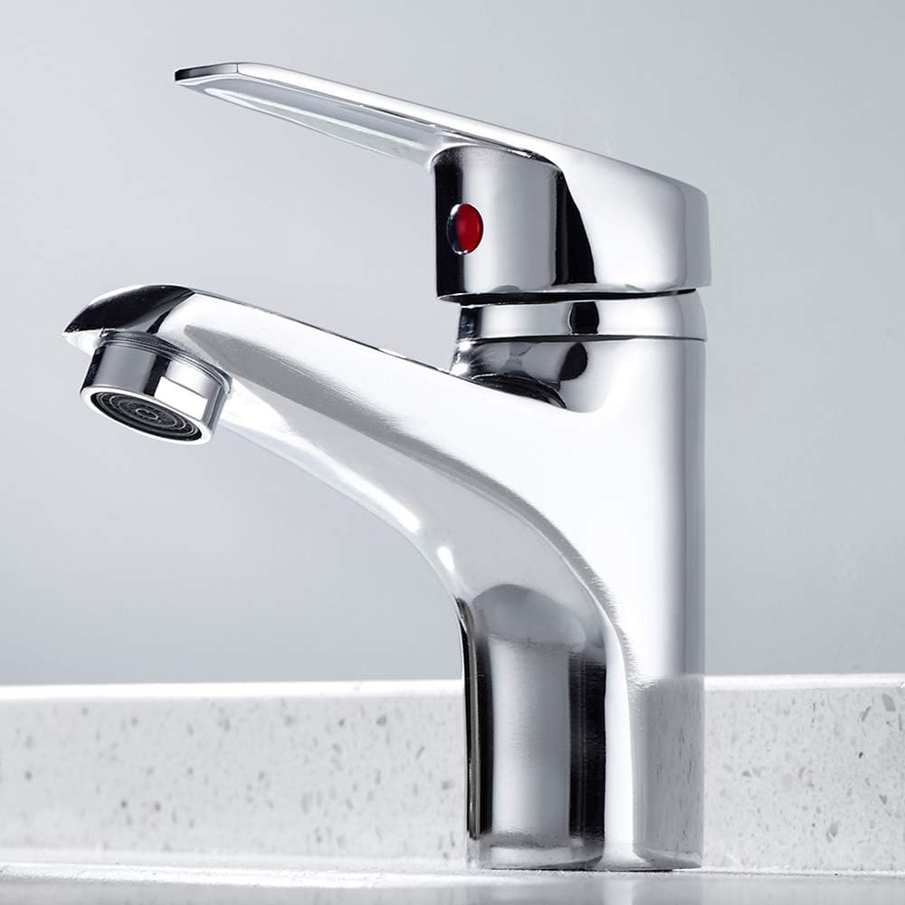 Alaine Modern Bathroom Single Lever Basin Sink Mixer Tap Polished Chrome Monobloc Solid Brass Basin Faucet Taps with 2 Hoses
