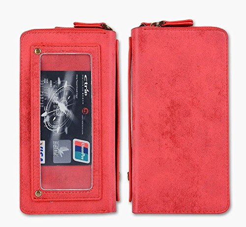 iPhone Plus Case,Premium Double Zipper PC Leather Wallet Case Cover With  Detachable Magnetic Hard Case (Red for iPhone