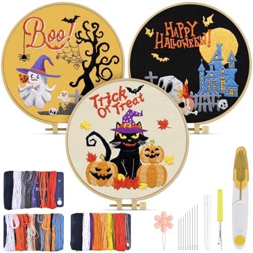 TINDTOP Halloween Embroidery Kit for Adult Beginners, 3 Sets Embroidery Stitch Practice kit Include Embroidery Cloth Hoops Threads for Craft Lover Hand Stitch