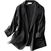 Kinghua Women's Casual One Button Linen Blazer Jackets Lapel 3/4 Sleeve Suit Blazer