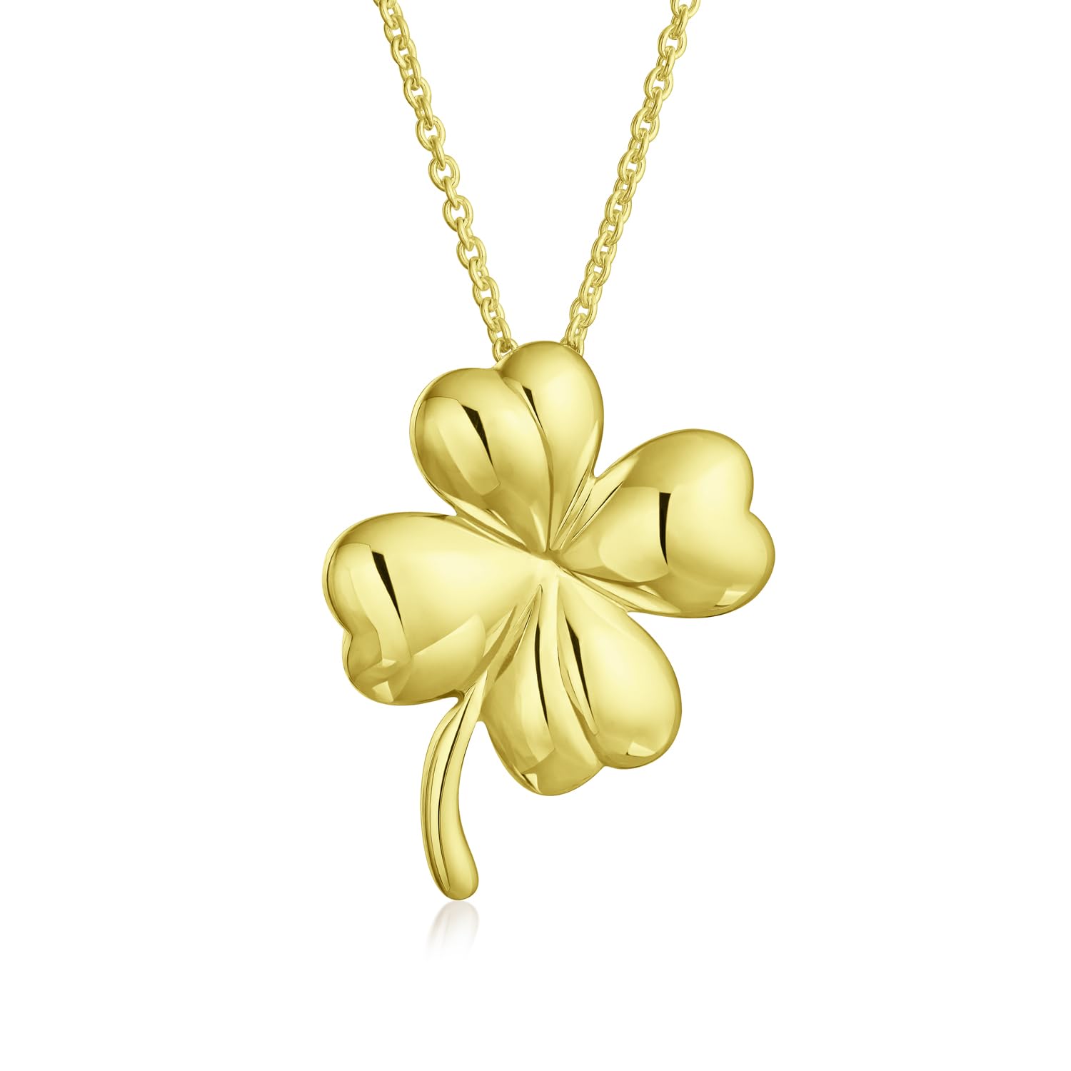 Bling Jewelry Good Luck Fortune Irish Shamrock Shape Lucky Charm Four Leaf Clover Pendant Necklace For Women Teen Polished Yellow Gold Plated .925 Sterling Silver