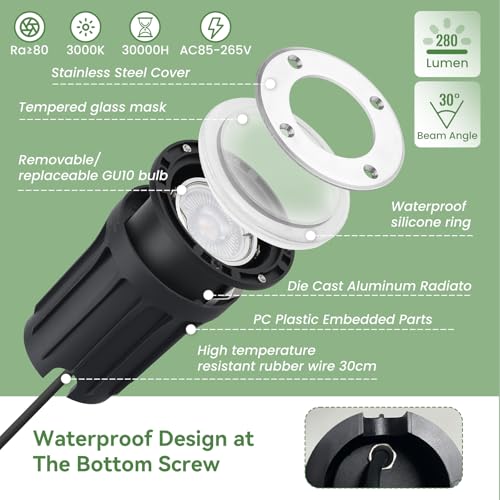 Recessed Outdoor Ground Spotlight for GU10, Goodia 4 Recessed Outdoor LED Spotlight IP67 Waterproof 3W 230V 3000K Warm White, Recessed Outdoor Patio Spotlight for Garden, Path, Park, Courtyard, Round