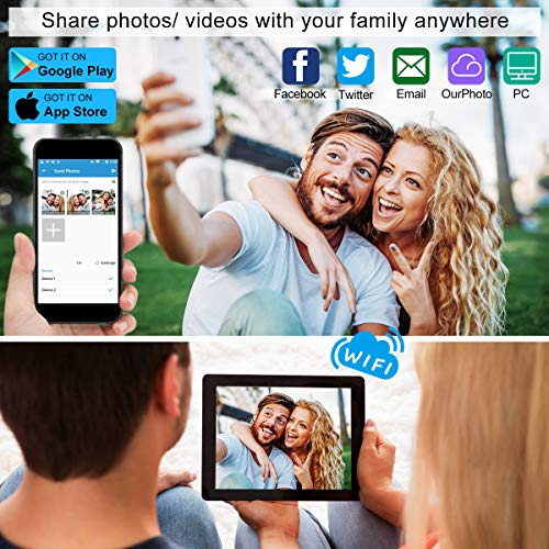 GRC 10.1 Inch WiFi Digital Photo Frame with IPS Full HD Touch Screen, Add Photos and Videos from Email App (iOS Android) Facebook Twitter, 16GB Internal Storage, Support SD Card and USB Flash Drive
