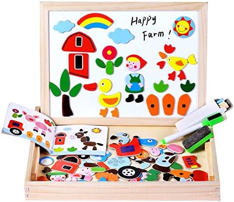 Minto Toy Wooden Magnetic Easel, Magnetic Jigsaw Double Side Board Dry Erase Board Puzzle Games Toys for Kids Toys for Boys Girls (Farm)