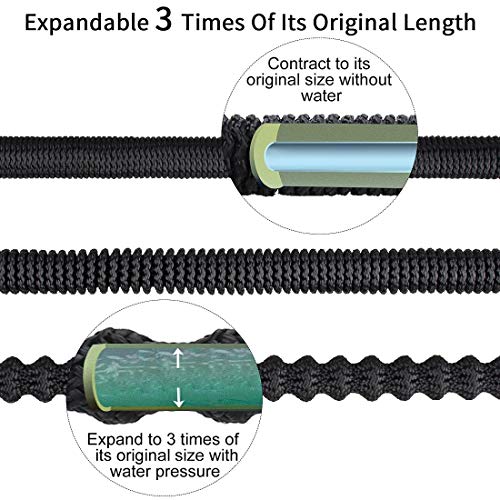 KISCHERS Expanding Garden Hose 100 ft Anti-Burst Expandable Water Hose Pipe with 3-Layers Natural Latex Core, 3/4 Solid Brass Fittings with Storage Bag & Hook Black