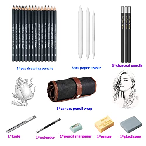 Sketching Pencil Set, 24 Pcs Graphite Drawing Pencil for Artists Adults Children Include 12B 10B 8B 7B 6B 5B 4B 3B 2B B HB 2H 4H 6H Pencils, Charcoal Pencils, Canvas Pencil Bag and Accessories