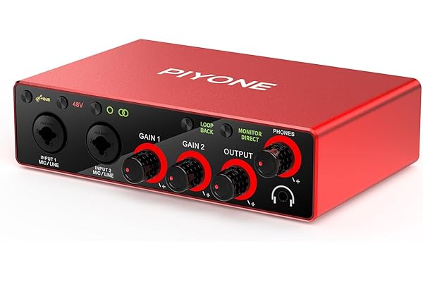 PIYONE Audio Interface, 2X2 24-bit/192kHz Interface for High-Fidelity, Studio Quality PC/Mac/iOS Recording, XLR/TRS Combo Input, Monitor Mix/Loopback Function, One-Cable Setup(Alloy Red)