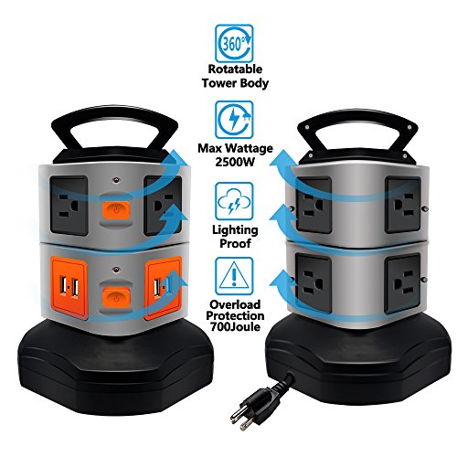 Surge Protector Power Strip, Lovin Product Safety Universal Electric Power Outlet; with 6 outlets, 4 USB Ports/ Rotating Tower/ 6 feet Cord Wire Extension/ Overload Protector/ for Home, Office