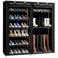 TXT&BAZ 27-Pairs Portable Boot Rack Double Row Shoe Rack Covered with Nonwoven Fabric(7-Tiers Black)