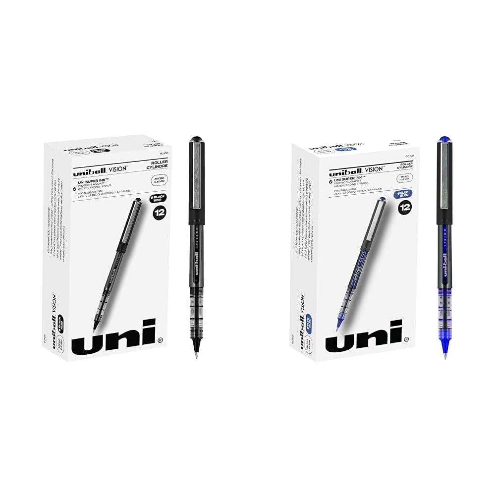 Uniball Vision Rollerball Pen Pack of 24, Black & Blue Ink Pens 0.5mm Micro Tip Fine Point Smooth Writing Pens Image