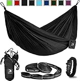 Flagship-X Double Camping Hammock with Tree Straps and survival bracelet fire starter. For backpacking, 2 person travel hammock. (All Black)