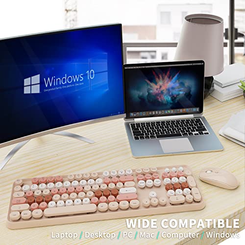 Wireless Keyboard and Mouse Combo, Ergonomic Full Size Typewriter Retro Round Keycaps Keyboard, Compatible with Windows, PC, Perfer for Home and Office Keyboards (Chocolate)