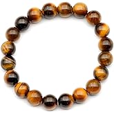 FMG AURA Golden Tiger Eye, Handmade Gem Bracelet 7.5" Stretch Gemstone 8mm Round Beads Crystals Quartz Unisex