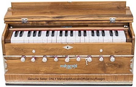 Harmonium Teak Wood by Maharaja Musicals, In USA, 3 1/2 Octave, 9 Stops, Double Reed, Coupler, Natural Color, Standard, Padded Bag, A440 Tuned, Blemished, Musical Instrument Indian (US-PDI-GF)