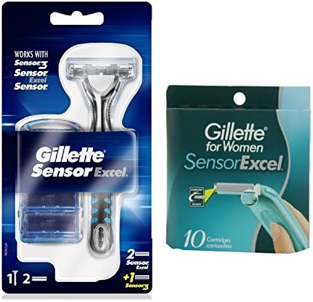 Gillette Sensor Excel Razor w/ 2 Sensor Excel Cartridges & 1 Sensor3 Cartridge + Sensor Excel for Women 10 Ct. Refill Blades w/ FREE Loving Care Packette (1 Pack)