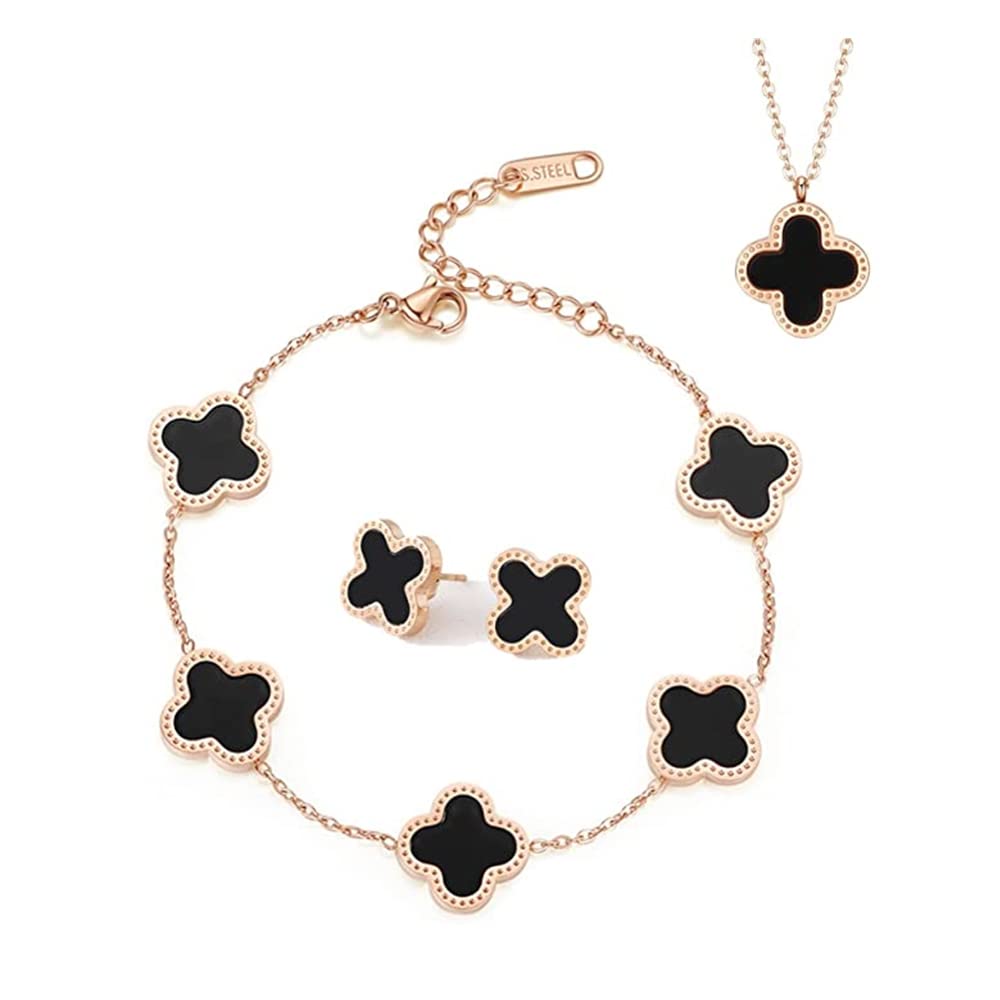 TOFBS Four-Leaf Clover Jewellery Set for Women Girls 18K Rose Gold Plated Stainless Steel Double-sided Black White Pendant Necklace Stud Earrings Bracelet Jewellery Set (Black)