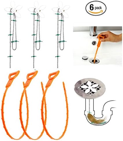 Hair Drain Catcher + Drain Snake Tool - 6 Pcs - Best Way To Get Hair Out Of Drain And Keep Them Clear